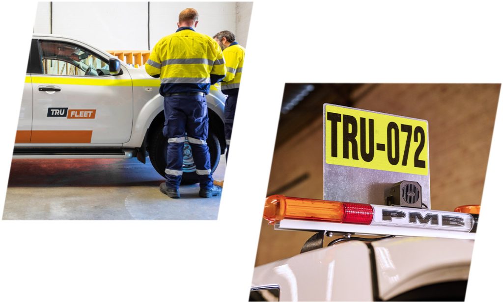 Image collage of Tru fleet work site ready fitted mine spec fleet hire, two employees fitting out a Toyota dual cab Hilux for mine sites.